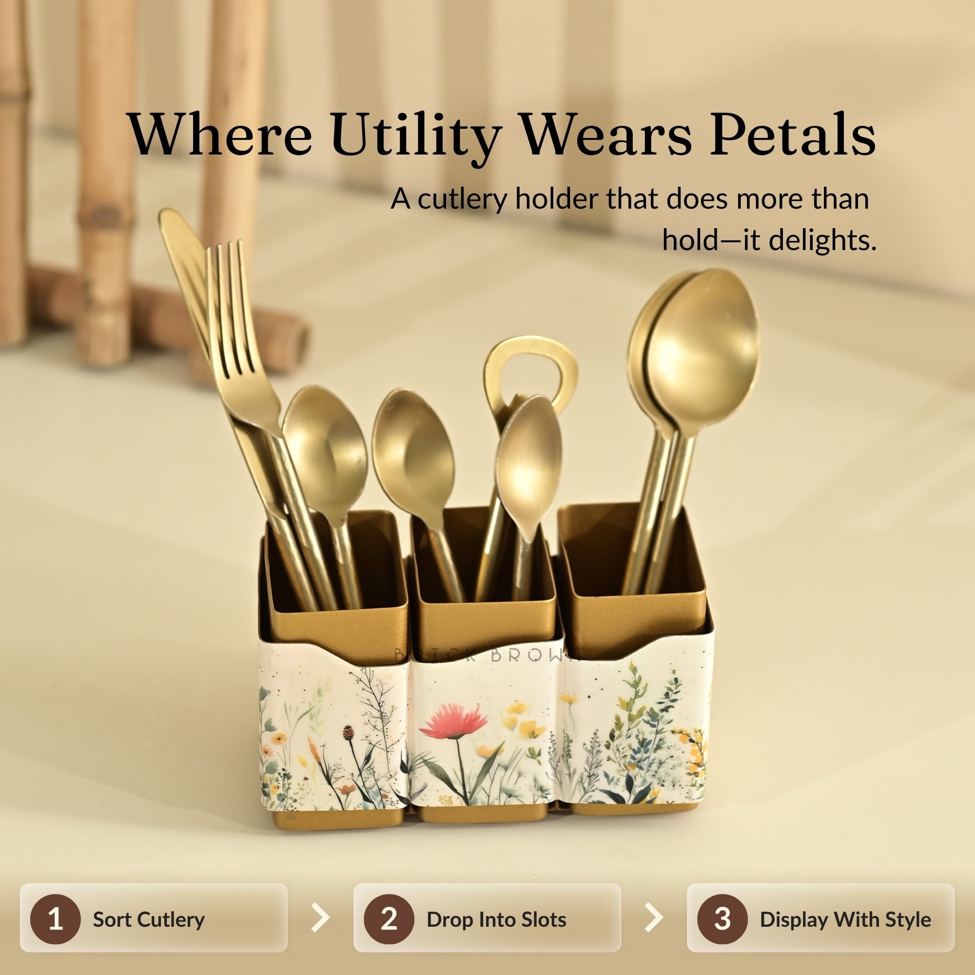Brick Brown® Premium Metal Triflora Cutlery Holder – Spoon Stand for Kitchen | Spoon Holder for Dining Table | Wooden Caddy Storage Organizer | Stand Caddy Holder for Kitchen Utensils (6.3x8x9.5in)