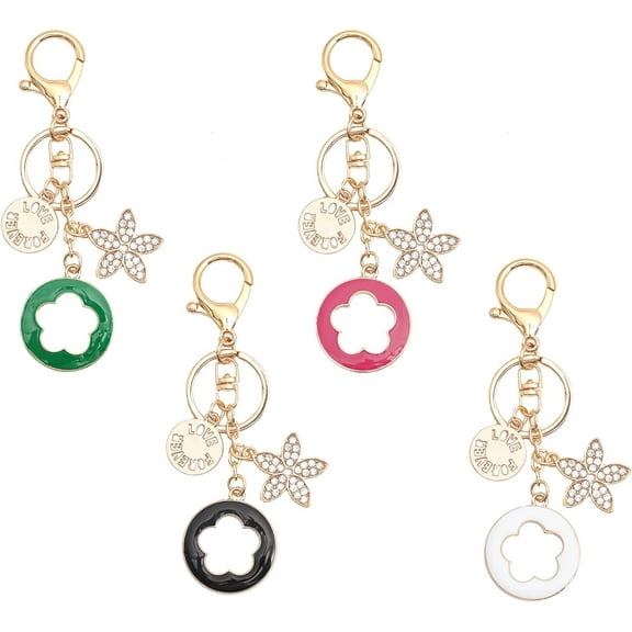 4Pcs 4 Colors Rhinestone Enamel Flower Pendant Keychain with AlloyCharm for Keychain Purse Backpack Ornament Mixed Color 12.7cm 1pc/color