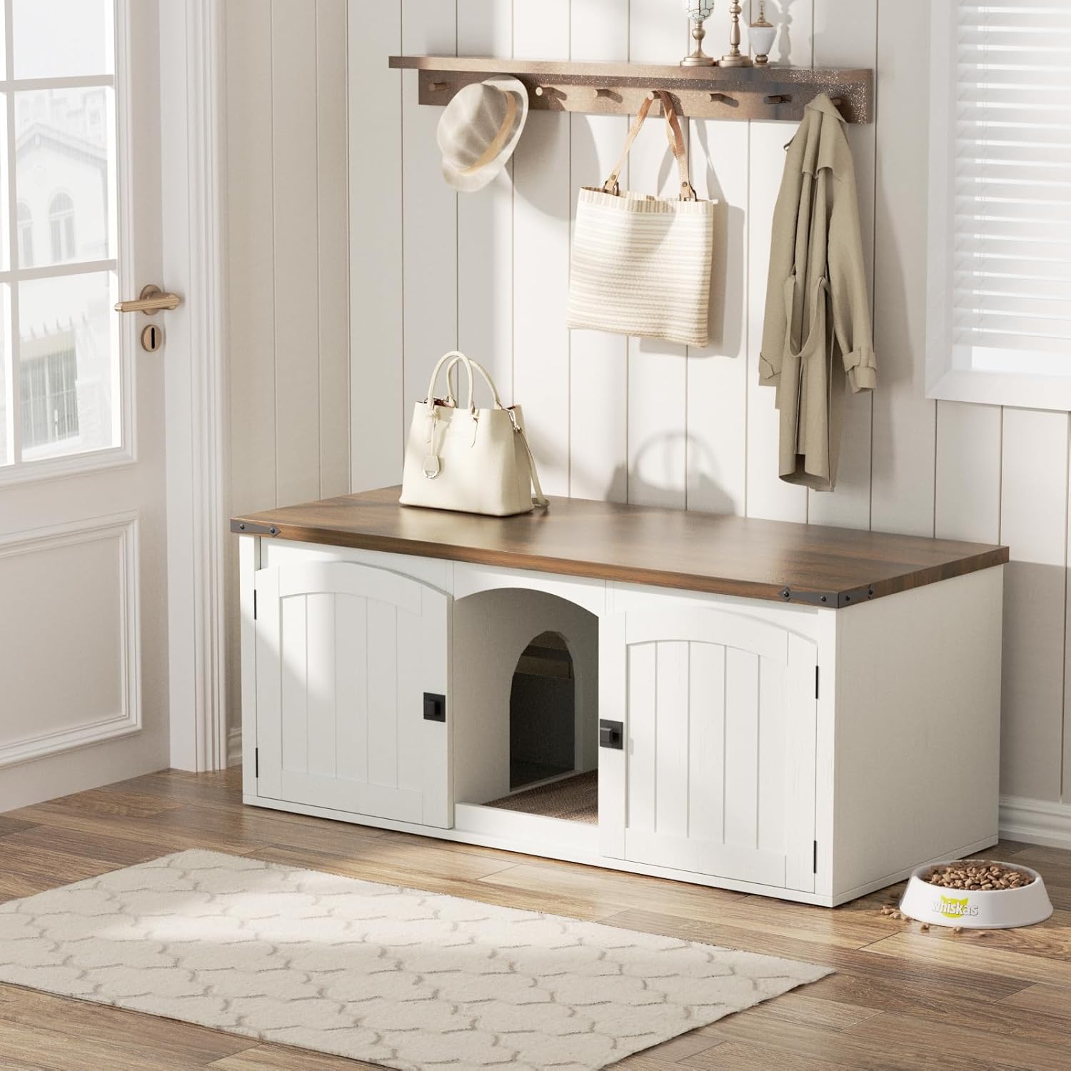 VEANERWOOD Cat Litter Box Enclosure for 2 Cats, Large Cat House with Double Rooms & Scratch Pad for Living Room, Bedroom, Wooden Enclosed Cat Litter Box Furniture
