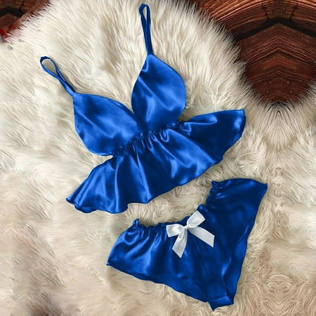 

Women s 2 Piece Pajama Set Lingerie Satin Cami Crop Top and Shorts Pj Set Soft Nighty Blue XL