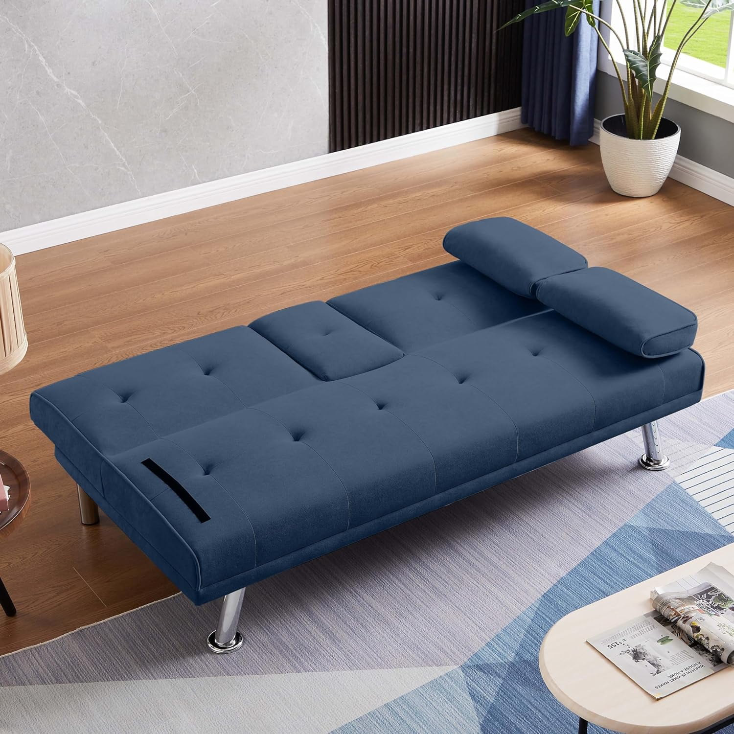 VFD Futon Sofa Bed Modern Folding Futon Set Convertible Recliner Lounge for Living Room with 2 Cup Holders, Removable Armrests (Velvet, Deep Blue)