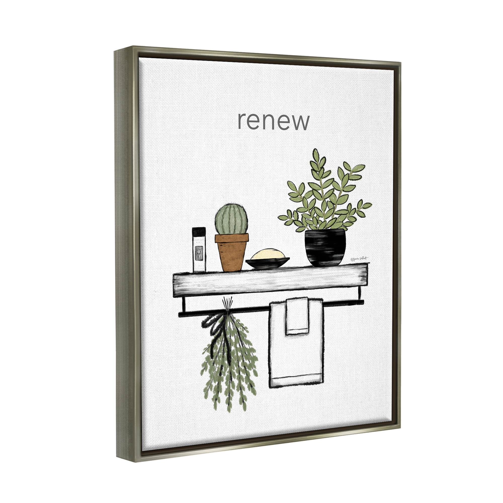 Stupell Renew Bathroom Botanical Spa Plants Typography Painting Gray Floater Framed Art Print Wall Art