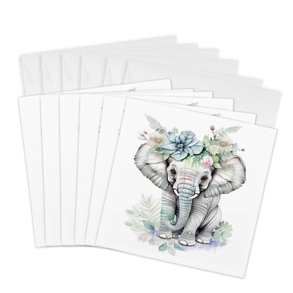 3drose, Cute Boho Floral Elephant Illustration, 6 Greeting Cards with Envelopes