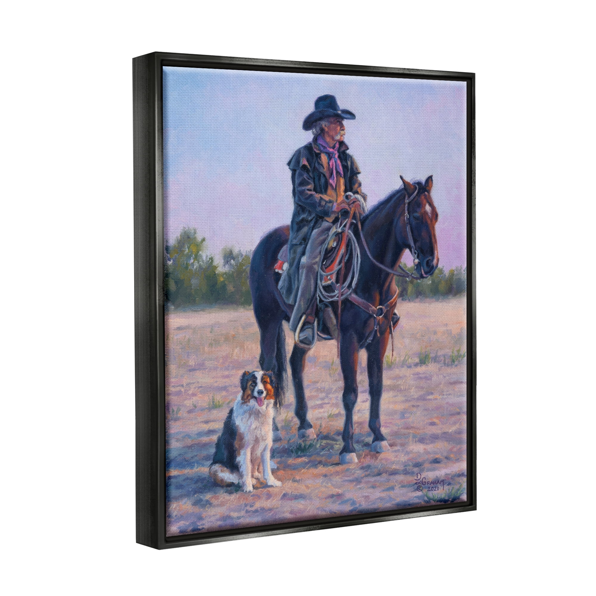 Stupell Industries Cowboy in Rural Landscape Animals & Insects Painting Black Floater Framed Art Print Wall Art, 25 x 31