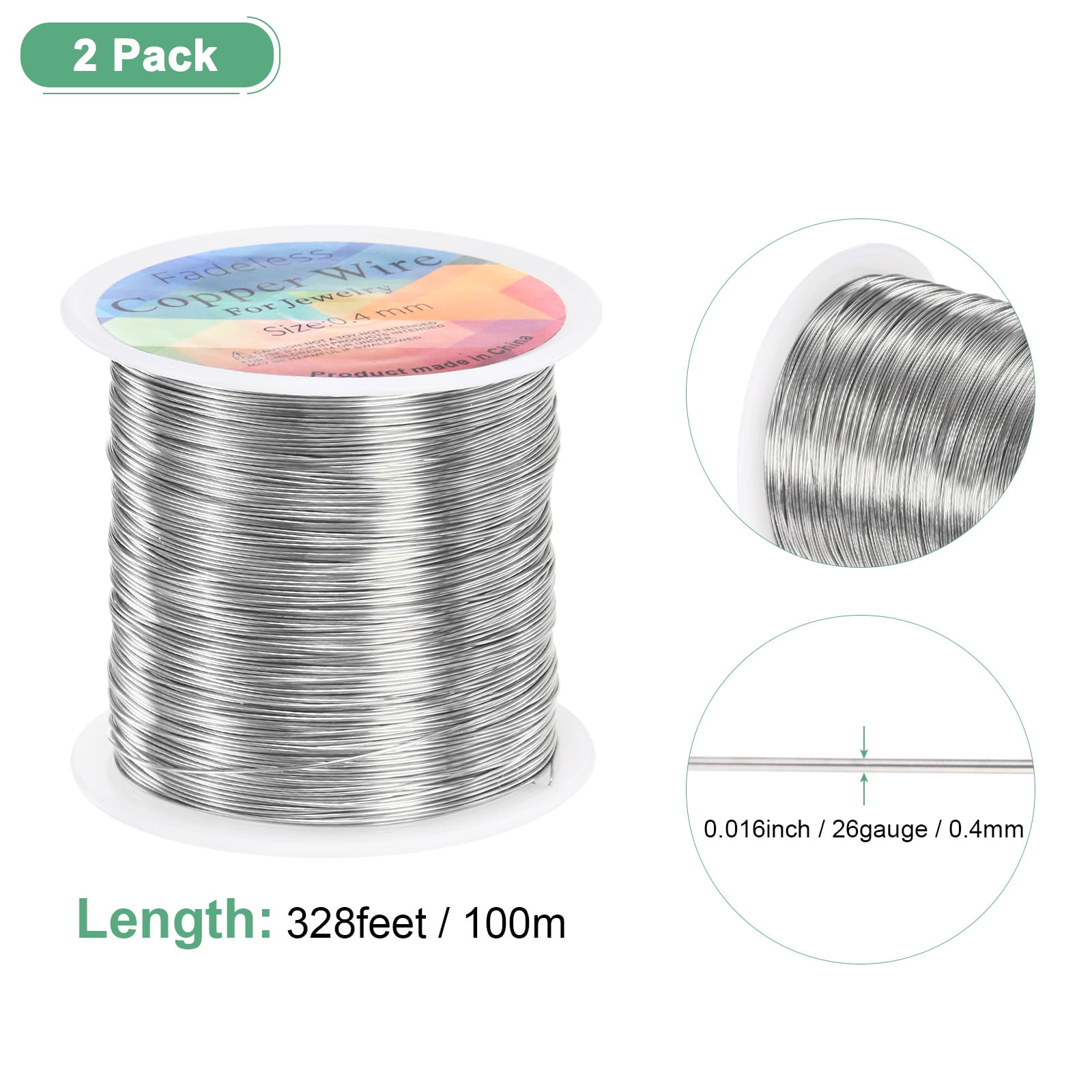 Uxcell 2 Rolls 0.4mm Jewelry Wire 26 Gauge 328FT Copper Beading Wire Jewelry Making Planting Weaving DIY 100M Silver White