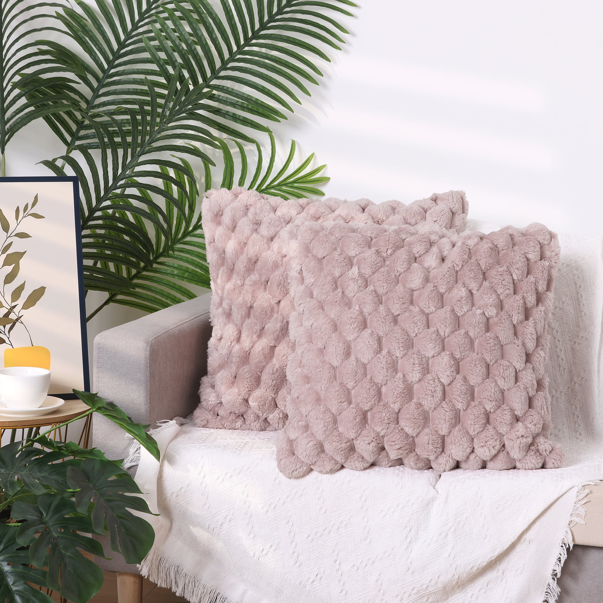 Unique Bargains 2 Soft Throw Pillow Covers Fur Decorative Fuzzy Plush Cushion Covers Pink 18" x 18"