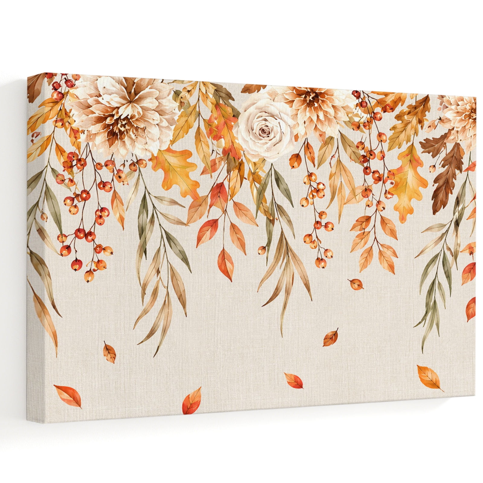 Autumn Eucalyptus Leaves Canvas Wall Art Orange Falling Leaf Floral Fruit Linen Wall Art Prints Artwork Framed Canvas Ready to Hang Art Pictures for Study Living Dining Room Bedroom 20 x 16