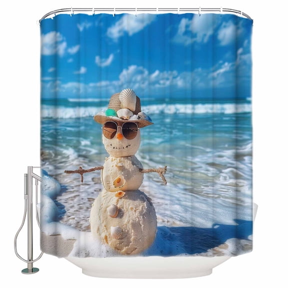 Small Stall Shower Curtain 36x72 Inch Narrow Half Size Coastal Snowman Christmas Bath Curtains Bathroom Decor Xmas Beach Sea Nautical Waterproof Fabric Shower Curtain Set with Hooks 36 Inch