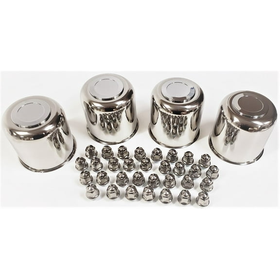 4-Pk Trailer Wheel Lug and Cap Sets - Stainless Hub Cover With 32 Lug Nuts 4.90 In. Center