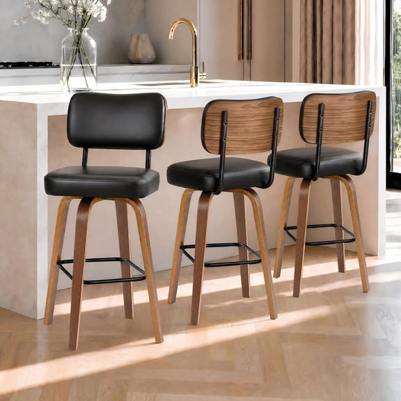 Set of 3 26" Swivel Counter Stools with Back, Faux Leather Bentwood Legs for Kitchen