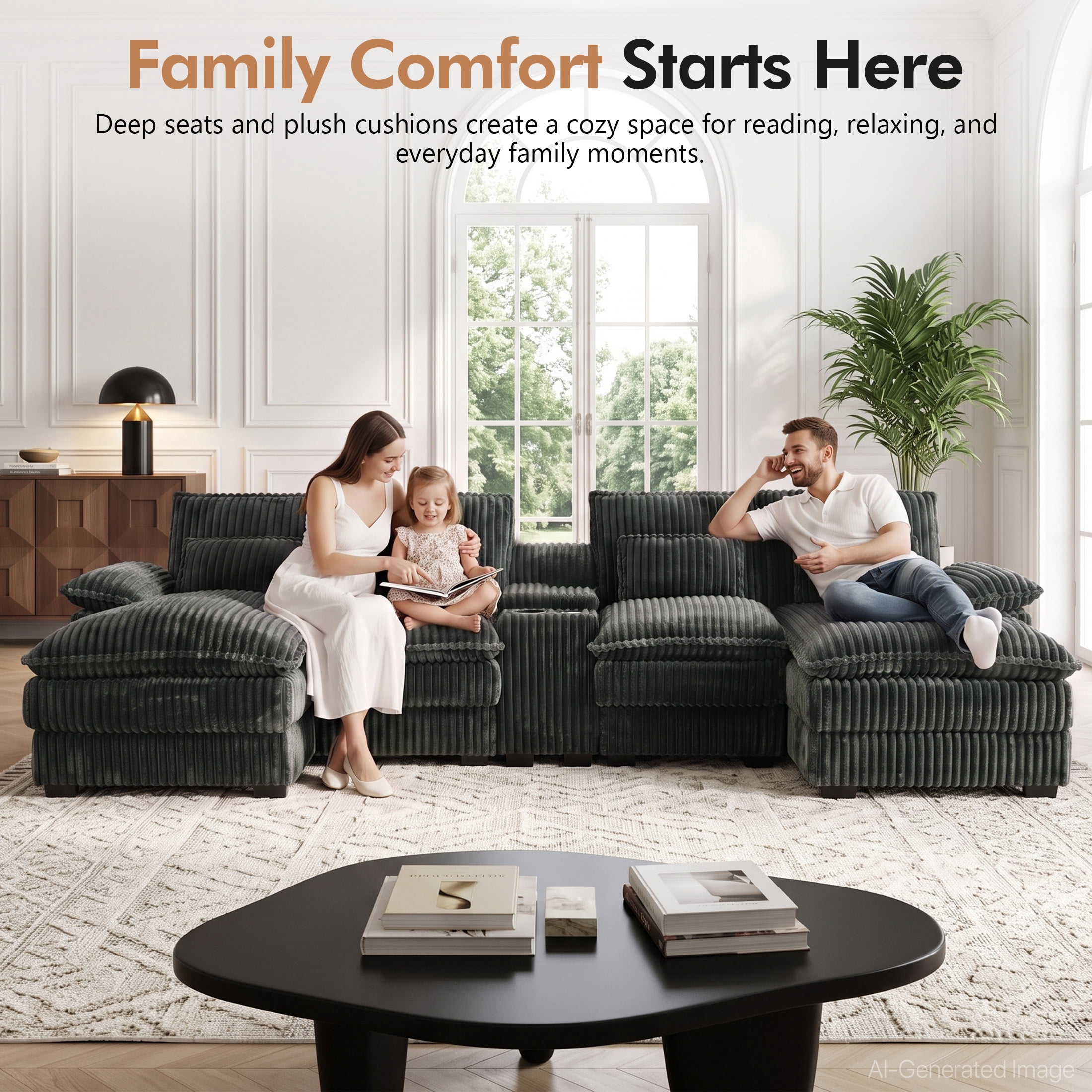 Aenkyo 125 Inch Corduroy U-Shaped Sectional Sofa with Console and USB Ports, Dark Gray
