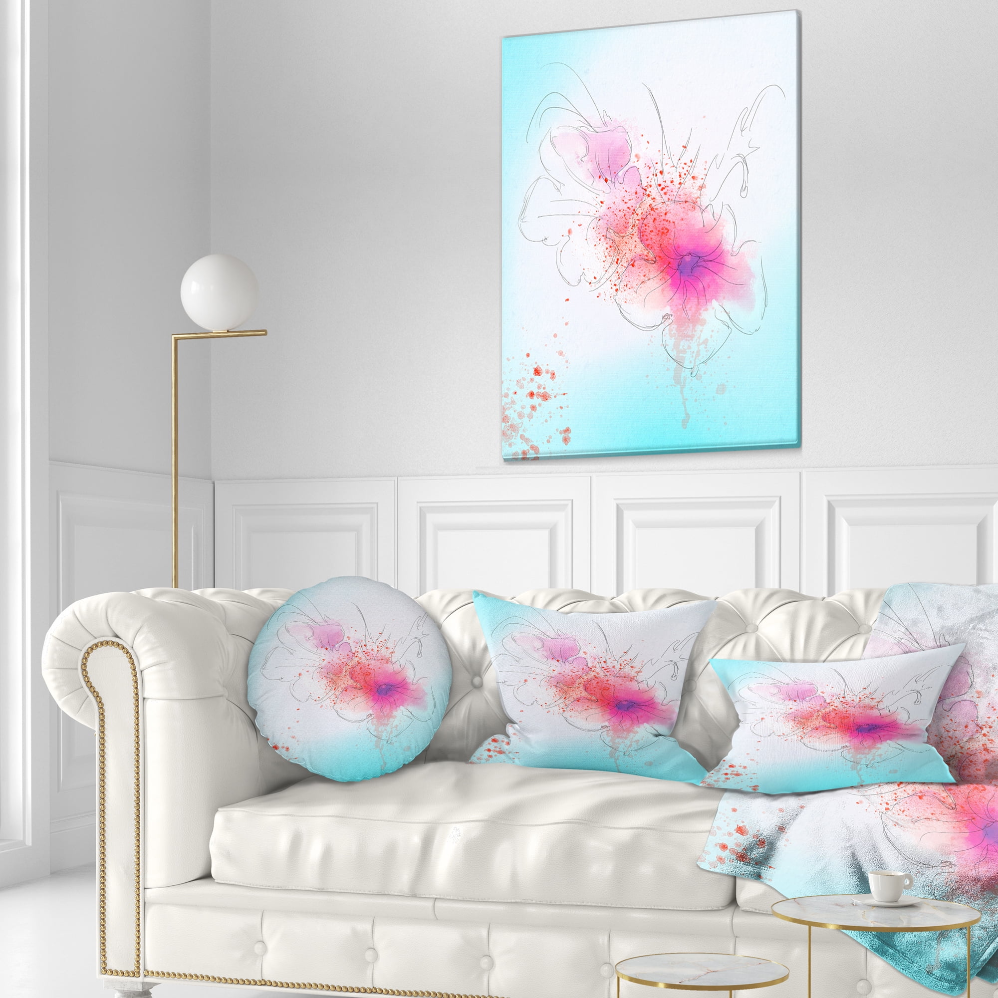 Designart Pink Flowers Illustration Watercolor - Floral Throw Pillow - 12x20