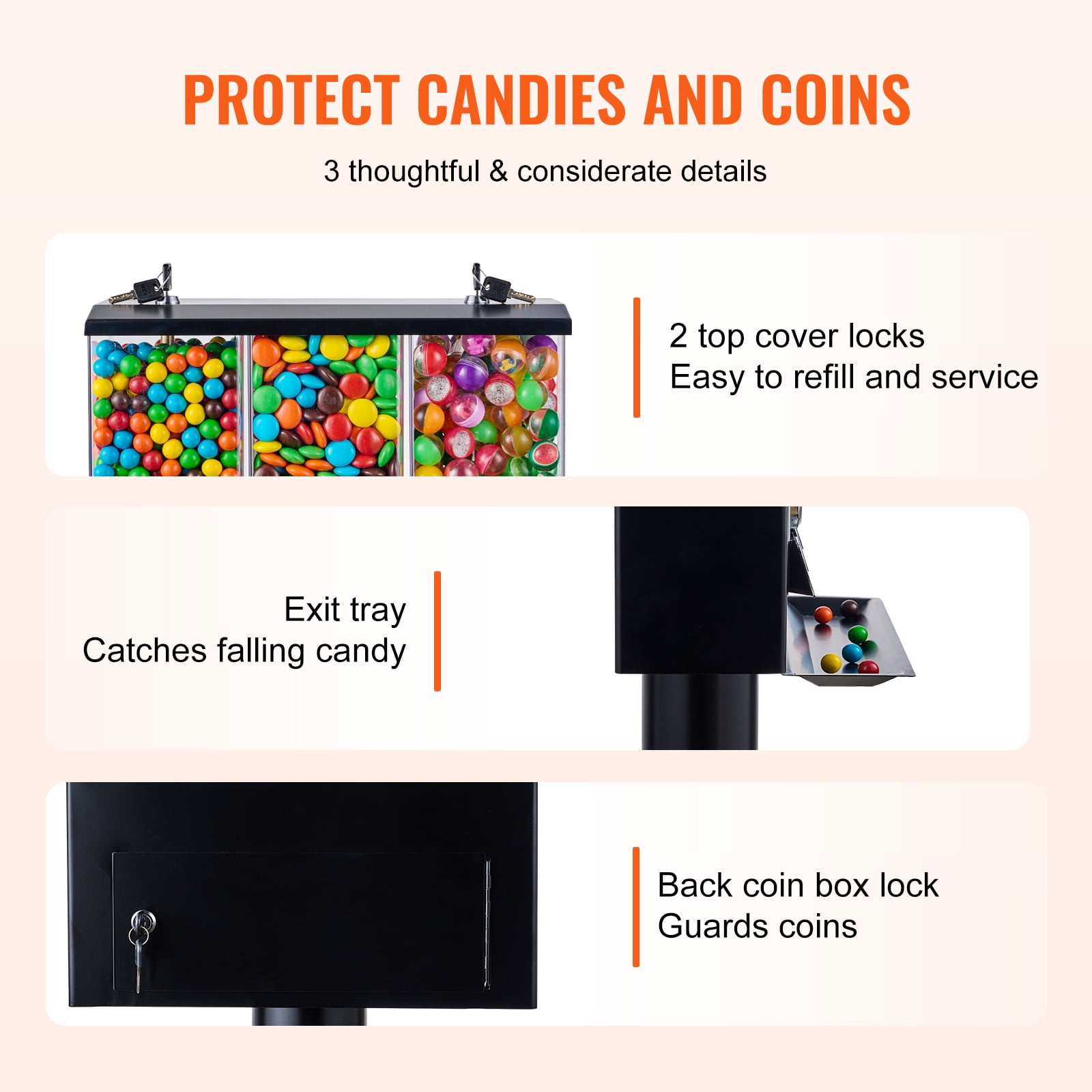 VEVOR Commercial Vending Machine, Triple Compartment Candy Dispenser with Iron Stand, Gumball and Candy Machine for Business,Coin Operated Gumball Bank for Toy Capsules Bouncy Balls Candy Nut,Black