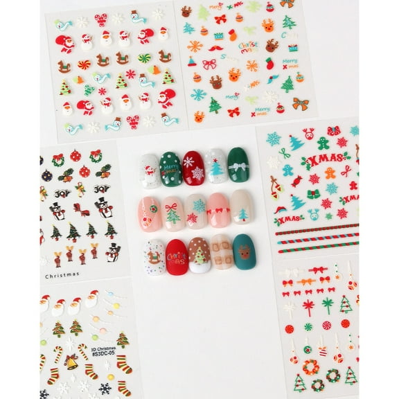GlossyBlossom 3D Christmas Nail Stickers – Korean Made Holiday Nail Art Decals for Festive DIY Manicure, Santa, Reindeer, Snowflake & Tree Designs