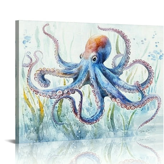 Autua Octopus Fish Watercolor Painting Canvas Wall Art Decor 20x16in
