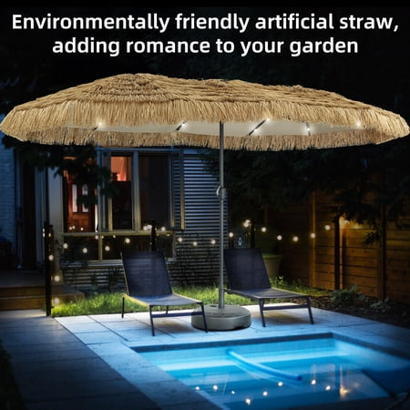 Autlaycil 13 ft Thatched Tiki Umbrellas with Base and 36 Lights, Solar Patio Umbrella, Pool, Outdooor, Beach