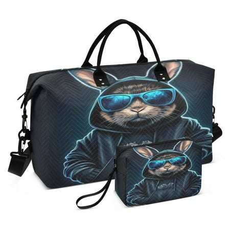 Travel Duffel Luggage Bag Sports Duffle Bag Gym Bag with Zipper Rabbit in A Black Hoodie