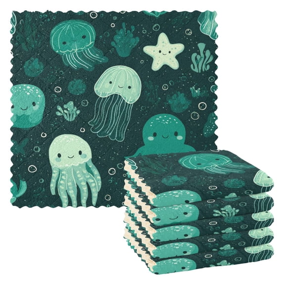 6 Pieces of Kitchen Towels 11x11Inch Kitchen Dish Cloths Kitchen Dish Towels Reuseable Cleaning Cloths Adorable Ocean Octopus