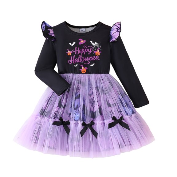 Shadoumai Girls Halloween Dress Bat Print Mesh Tutu Skirt With Cartoon Sleeves And Bow For Casual Party Outfit Age 1 8 Years