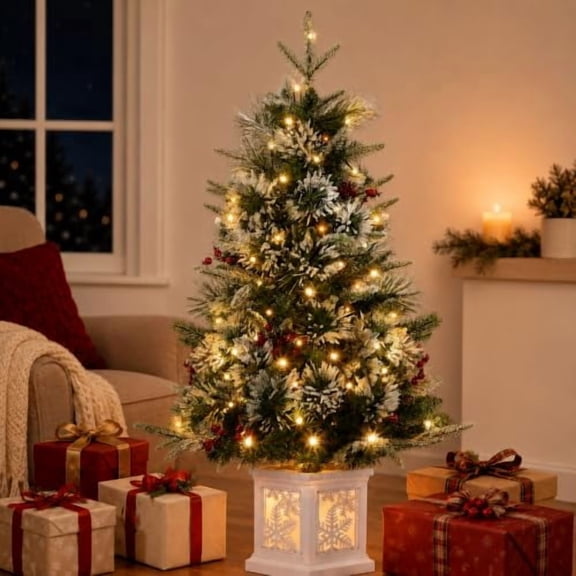 3Ft Holiday Christmas Tree, Snowflake Base, Easy Indoor Installation, Artificial Christmas Tree with 78 Led Lights, Snowflake and Red Berry Decorations, Holiday Ready