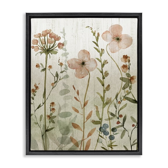 Stupell Industries Soft Florals over Rustic Floral Painting Black Floater Framed Canvas Art Print Wall Art, 17 x 21
