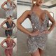 thumbnail image 1 of Women's Sexy V-neck Hip Open Back Irregular Sequin Dress, 1 of 5