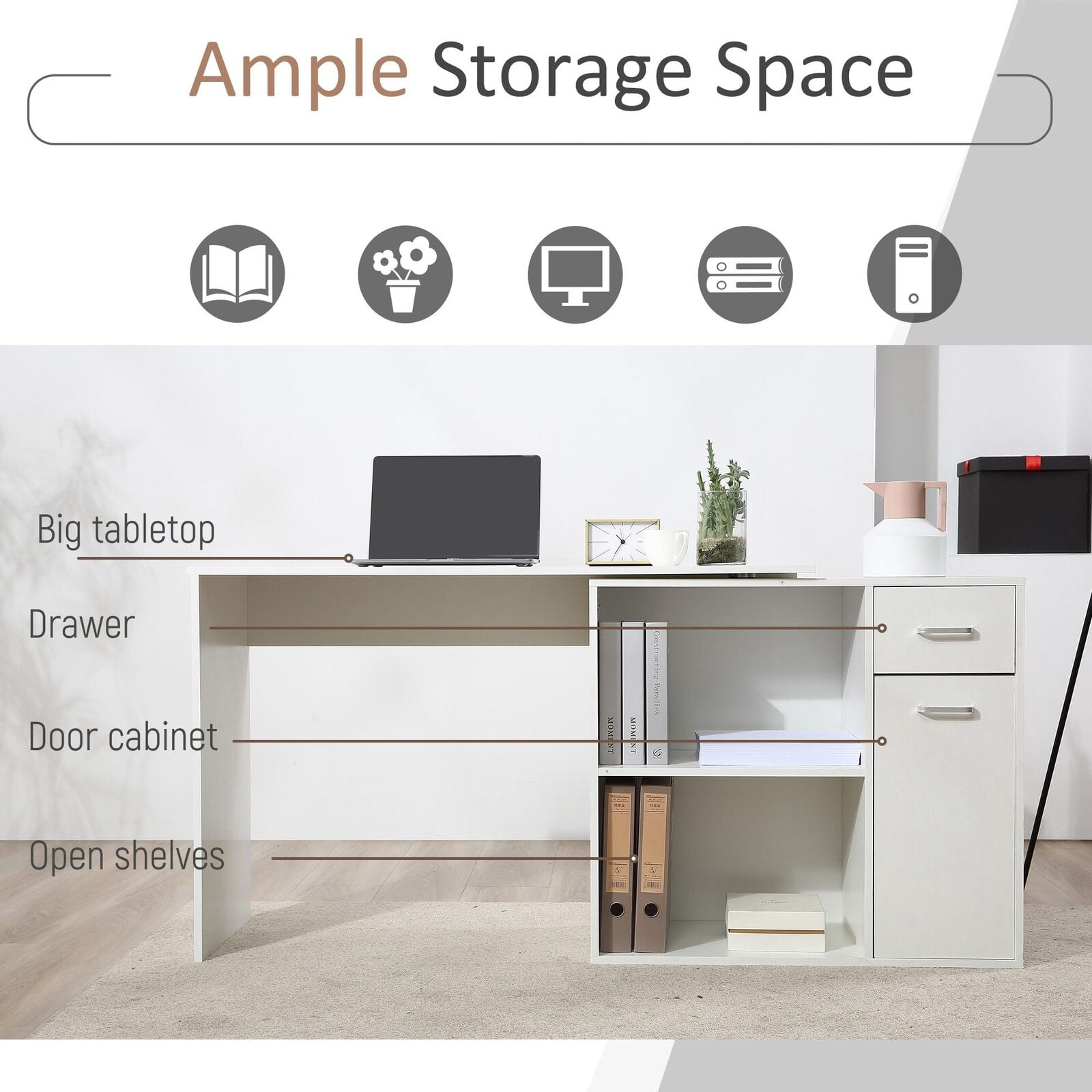 HomCom L Shaped Computer Desk Workstation with Storage Shelves and Cabinet for Home & Office Contemporary Style