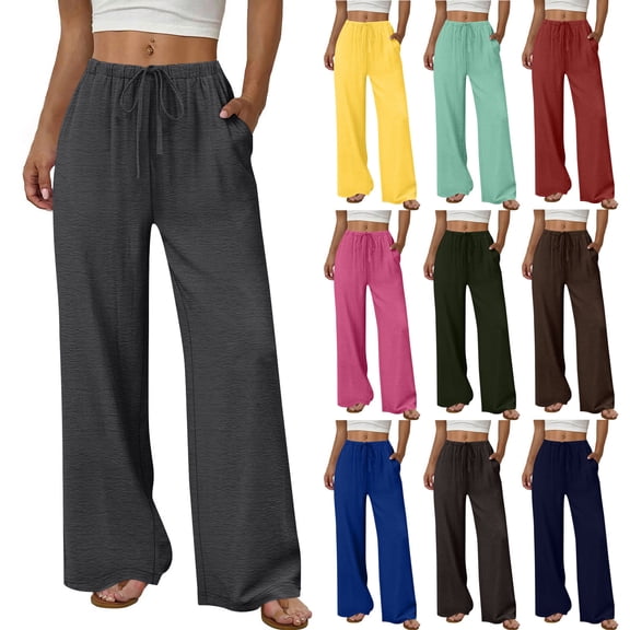 Antinious Ladies Solid Elastic Waist Straight Leg Daily Casual Long Pants