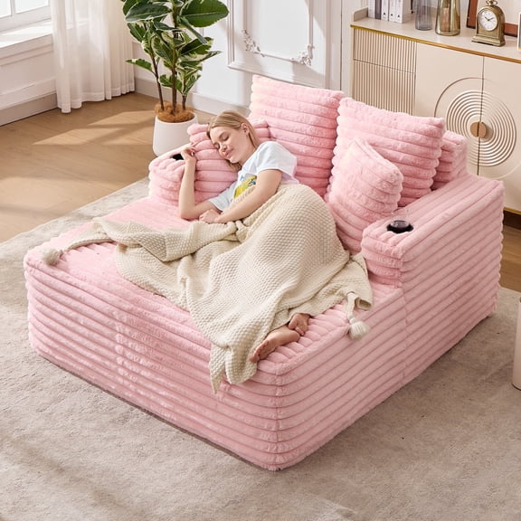Oversized Chaise Lounge Sofa Bed with Cup Holders, 57.5” Modern Corduroy Couch, Multi-Functional Sleeper Chair with 4 Pillows for Living Room, Bedroom, Apartment