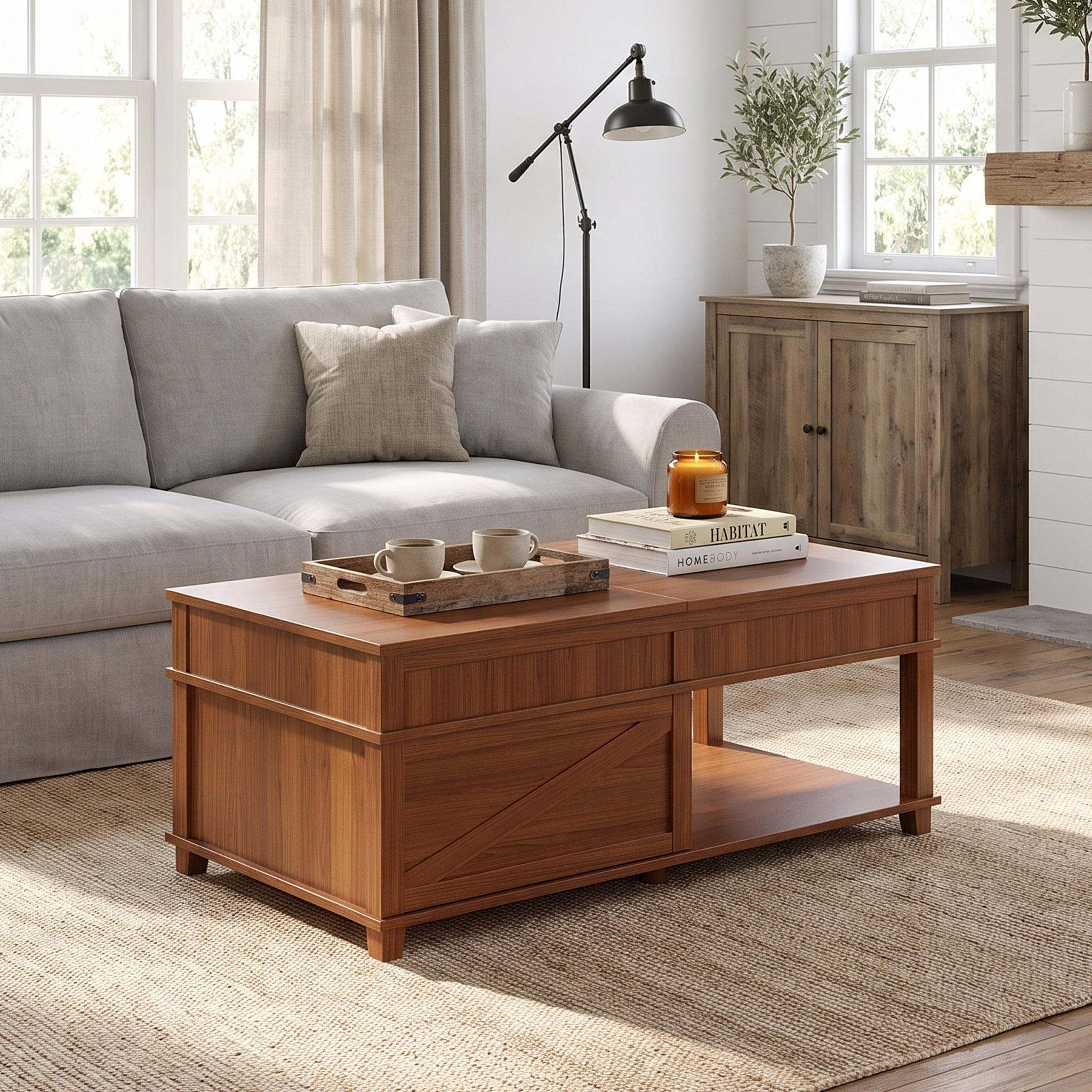 Homy Casa 46.9 in Dual Lift Top Coffee Table with Hidden Storage for Living Room Walnut Brown