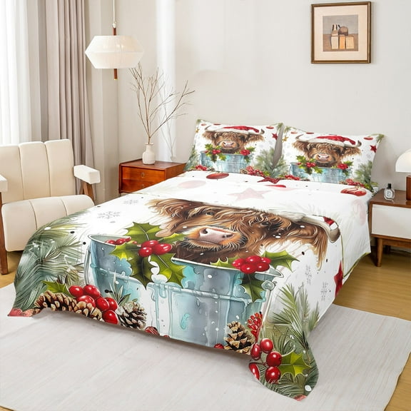 Manfei Marry Christmas Twin Sheet Sets,Farm Highland Cattle Twin Fitted Sheet,Red Berry Xmas Flower Flat Sheet For Boys Kids,Super Cozy Room Decor,3pcs