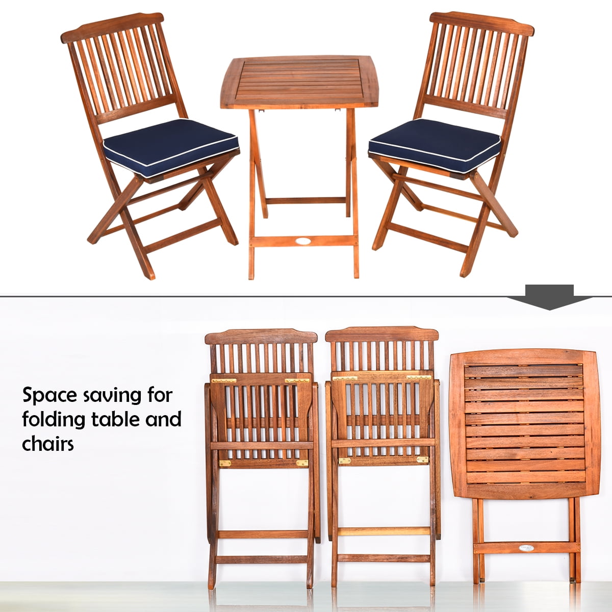 3PCS Patio Folding Wooden Bistro Set Cushioned Chair ...