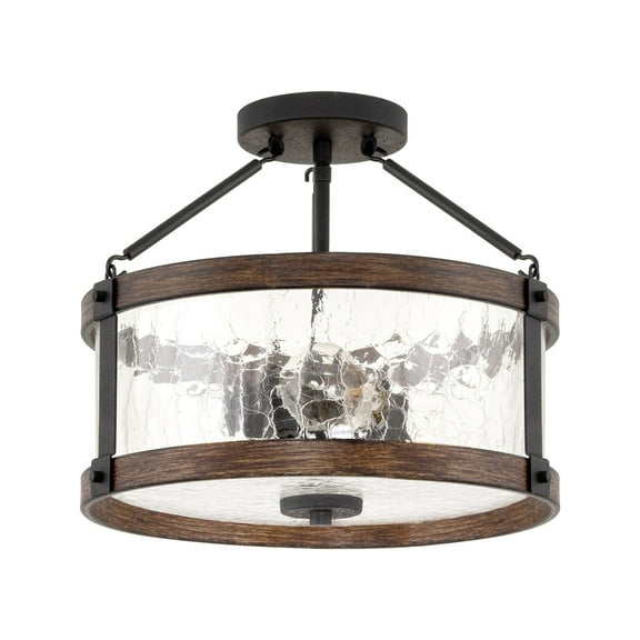 Kira Home Hadley 14" Farmhouse / Hall Light Ceiling, Crackled Glass Shade, Textured Black, Wood Style Walnut