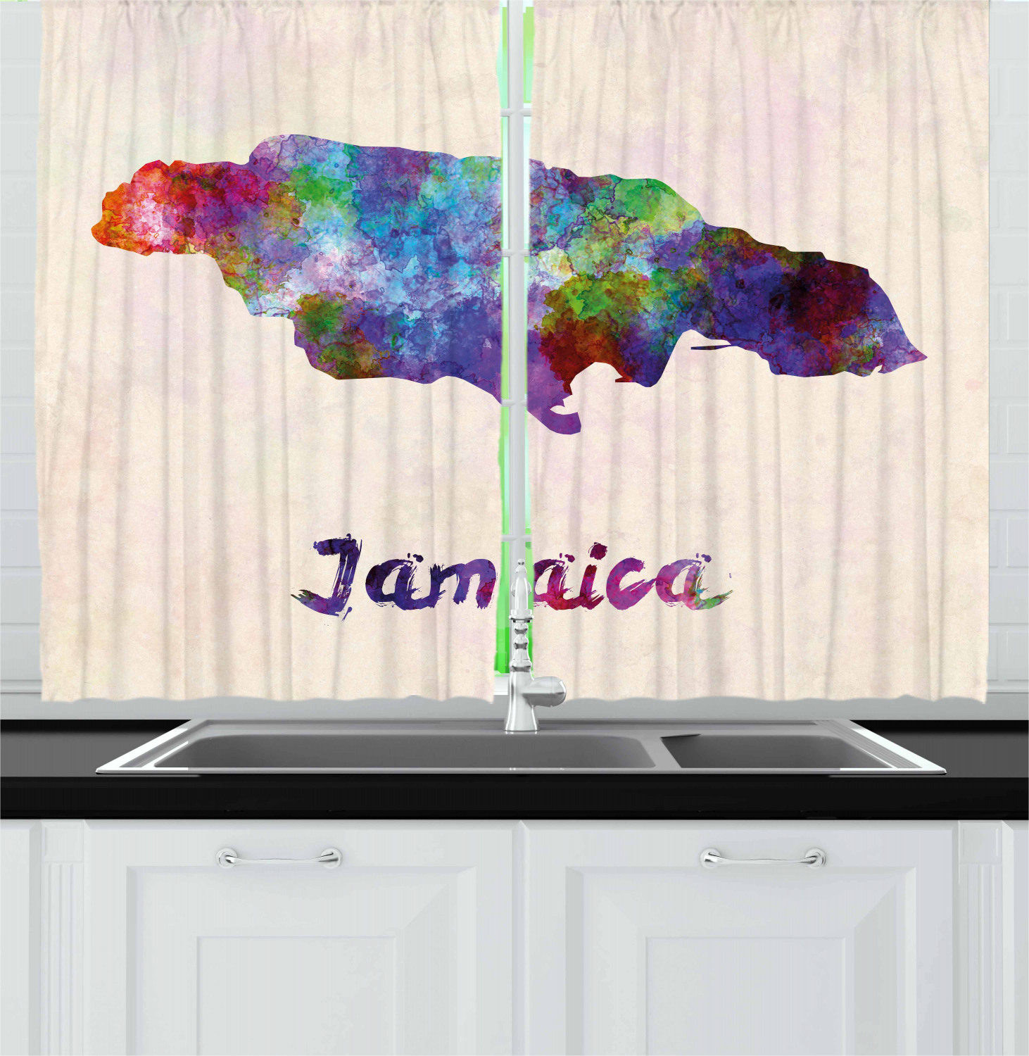 Jamaican Curtains 2 Panels Set, Abstract Watercolor Map of Jamaica