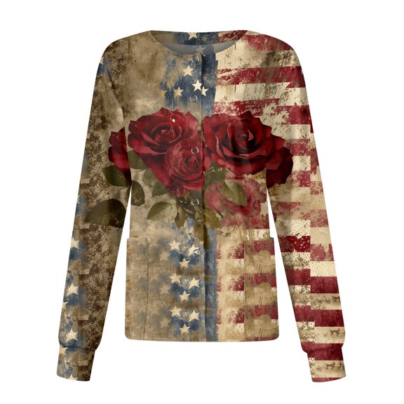 Bbyeadc Oversize 250th Anniversary Long Sleeve Shirts for Women Gift United States Flag Button Shirt Round Neck Button Shirt Fashion Going Out Tee,Wine(L)
