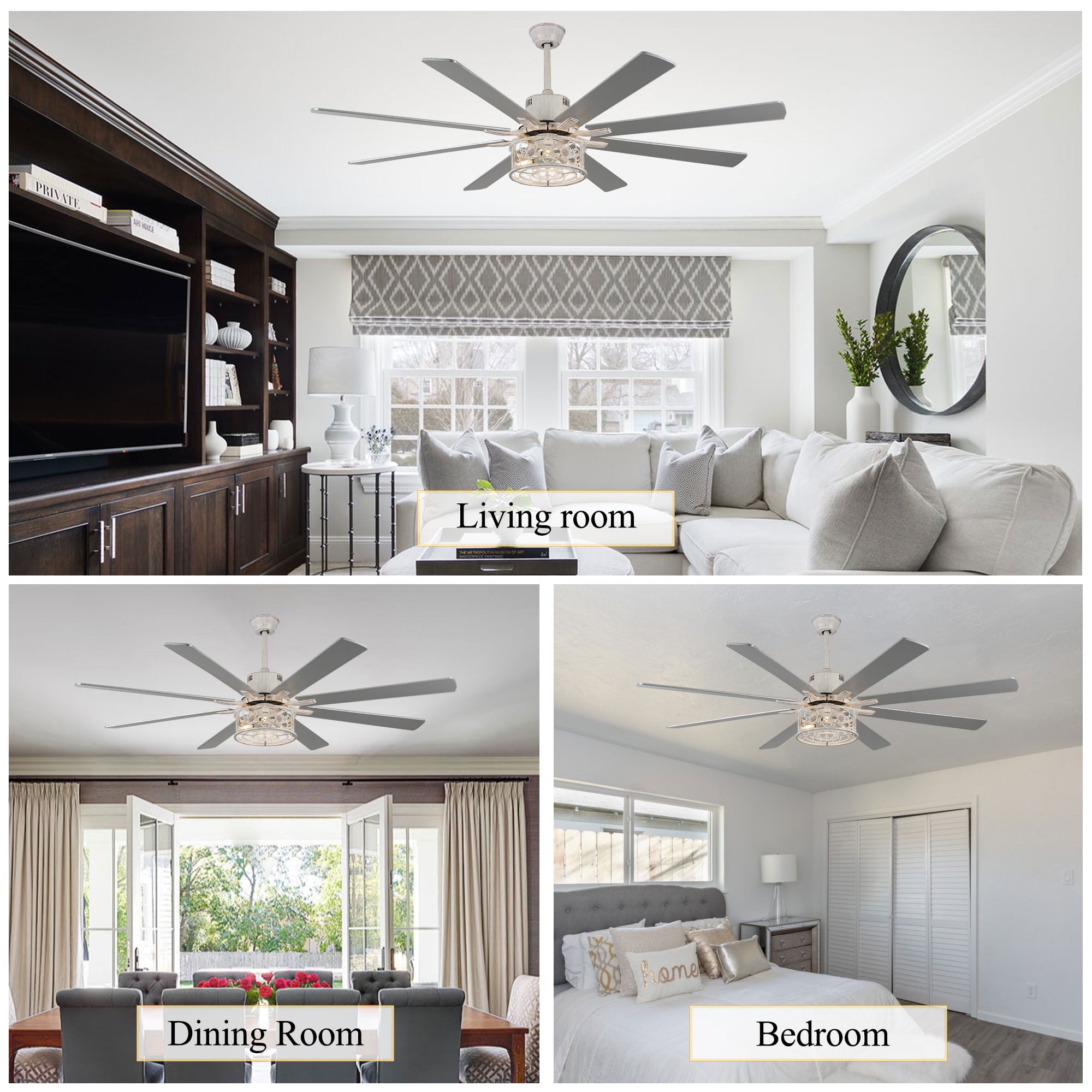 Chords Attic 72" Reversible 8-Blade Ceiling Fan with LED Lights, Remote 3-Color, 6-Speed and Timer