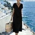 thumbnail image 4 of Pounoo Women's Dresses V Neck Short Sleeve Wrap Linen Blend Midi Dress With Waist Tie Casual Beach Wear Lightweight Breathable Loose Fit Vacation Sundresses Gift, 4 of 7
