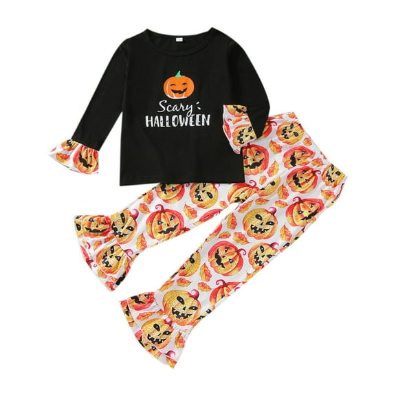 Mercatoo Toddler Baby Girl Halloween Clothes Set Long Sleeve Pumpkin Letter Sweatshirt Pumpkin Bell Bottom Pants Fall Outfits