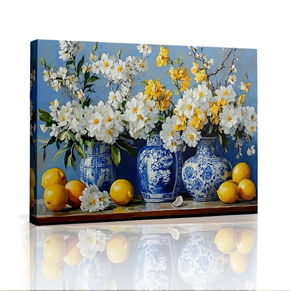 Wallume Store Blue and White Vase Lemon & Flower Bouquet Canvas Art - Bright Ambience Home Decor 12x8 inch