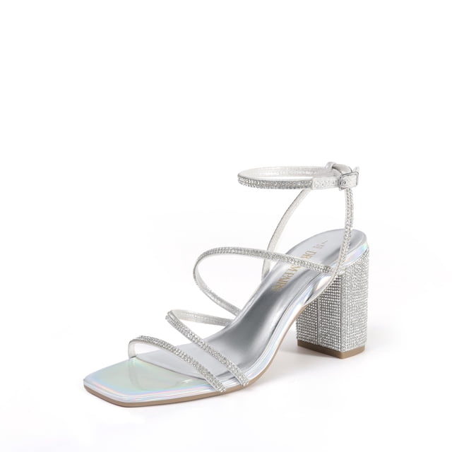 Tacones de mujer DREAM PAIRS plateados con pedrería, talla 9, tacón cuadrado
