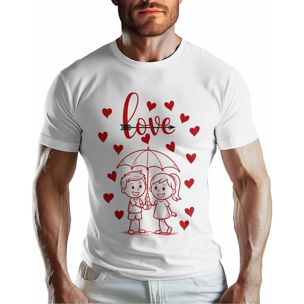 T-Shirts for Men, Red Hearts Couple Crew Neck Cotton T-Shirt Men's Short Sleeve Romantic Valentine's Day Love Heart Black
