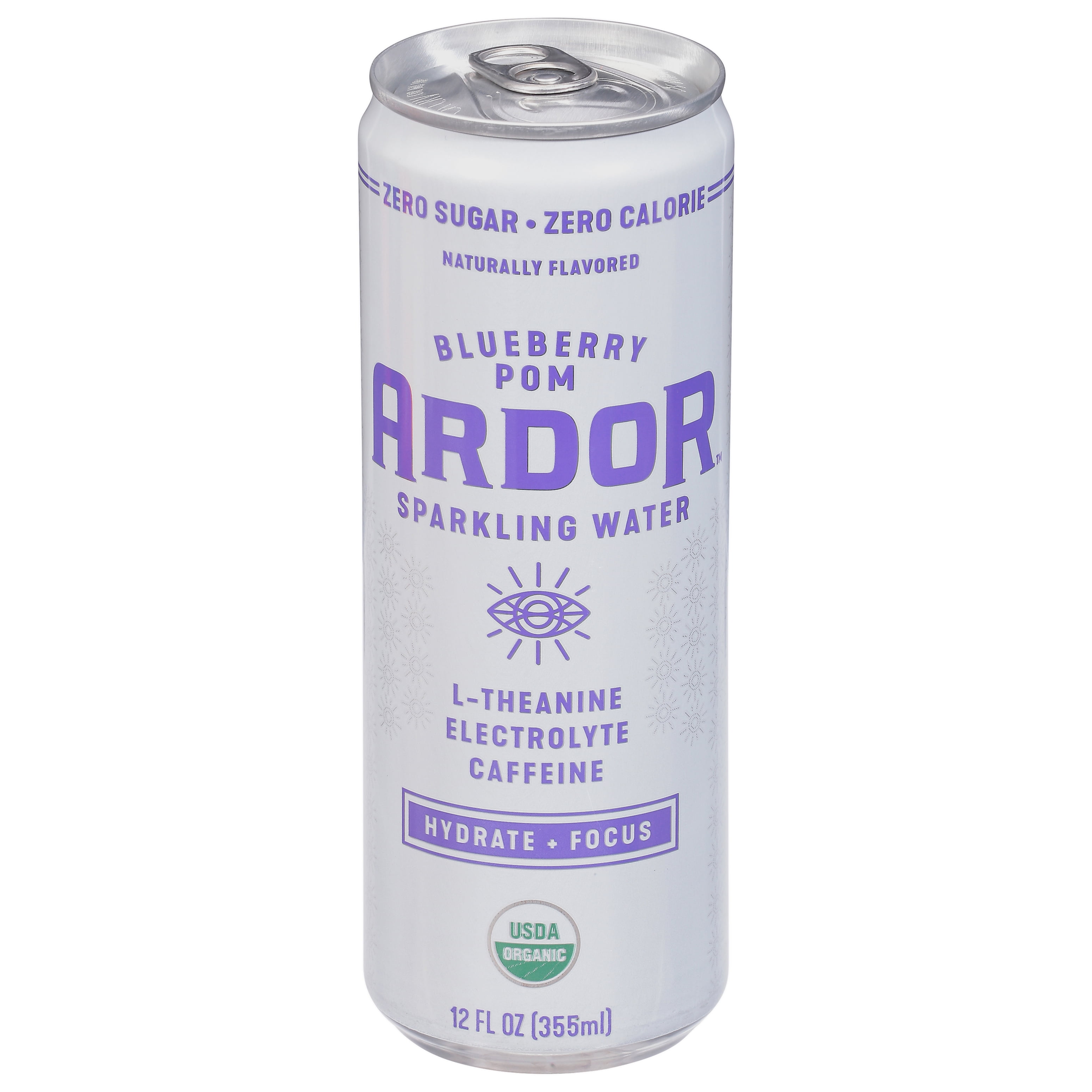 ARDOR ENERGY Sparkling Water with 100mg Caffeine & 200mg L-Theanine from Organic Green Tea for Smooth Energy & Focus | No Sugar, 0 Calories | Vegan, Gluten-Free | Blueberry Pom, 12ct
