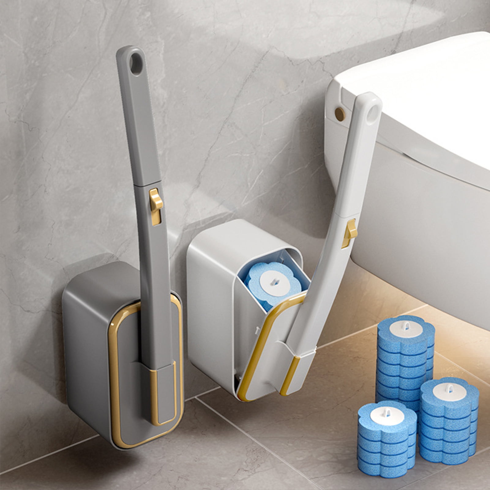 Opvise Disposable Toilet Brush with Water-Soluble Head - Ergonomic Handle, Wall-Mounted Base, Multi-Surface Cleaning Tool for Bathroom, Sink, and Floors