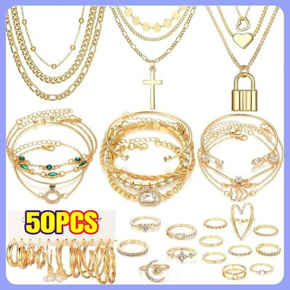 50 PCS Golden Jewelry Set for Women, Dainty Dangle Earrings, Stackable Ring, Multi-Layered Bracelet Necklace Valentine Anniversary Fashion Party Jewelry