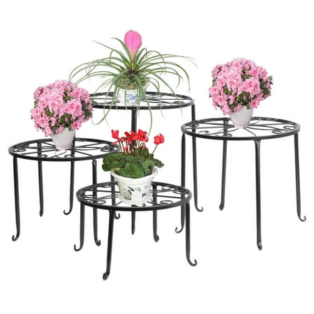 Dazone Metal 4 in 1 Potted Plant Stand Floor Flower Pot Rack/Round Iron Plant Stands, Scroll