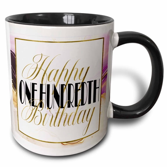 3drose, Pink and Image of Gold Happy One Hundredth Birthday, 11oz Two-tone Black Mug
