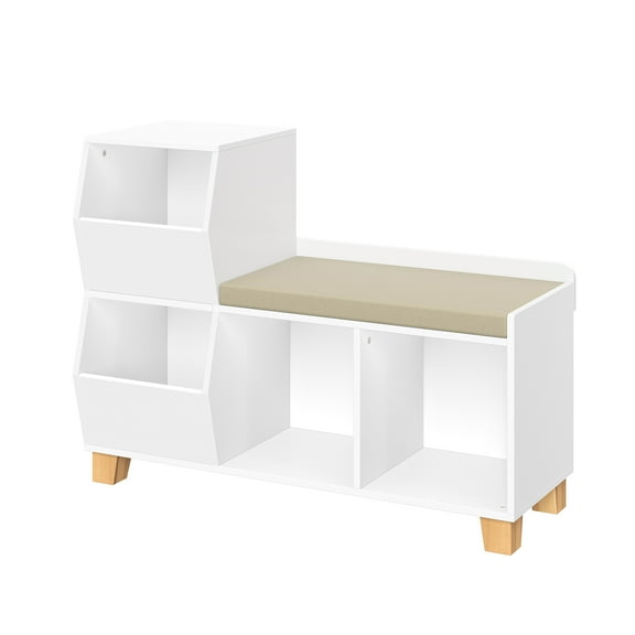 RiverRidge Kids Catch-All Cubby Organizer Bench with Storage Shelves and Cushion - White