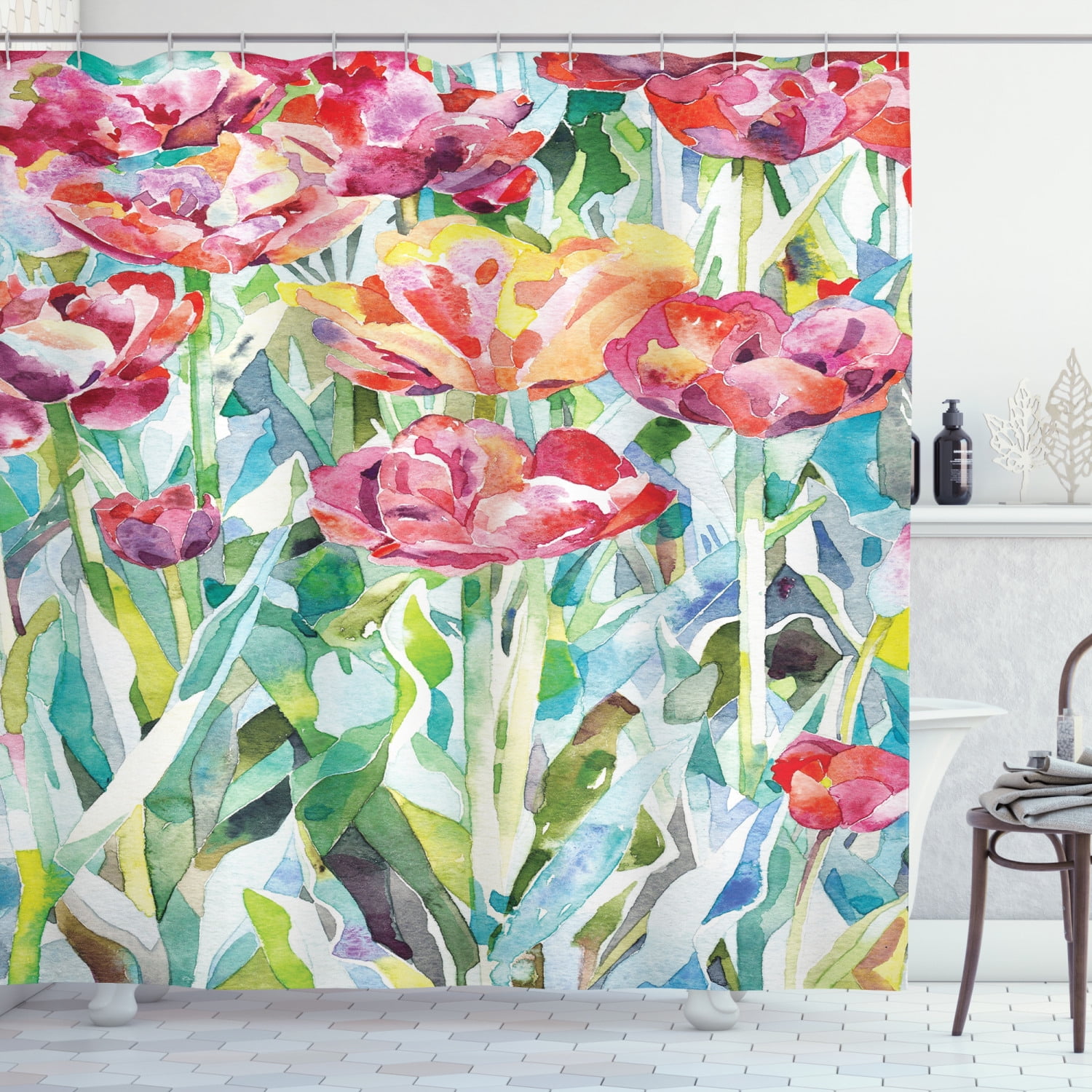 Watercolor Flower Shower Curtain, Painting of Summer Spring Flowers in