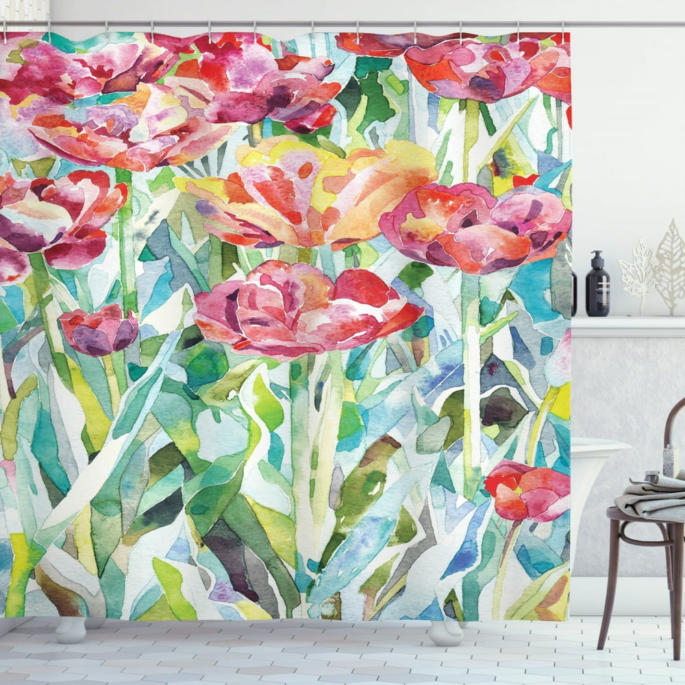 Watercolor Flower Shower Curtain, Painting of Summer Spring Flowers in