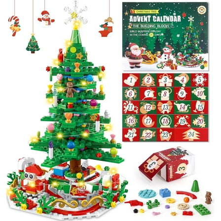 Zsiparty Advent Calendar 2025 Christmas Tree Building Blocks Set with LED Light, 24 Days Christmas Countdown Advent Calendar Gifts for Kids Teens Adult